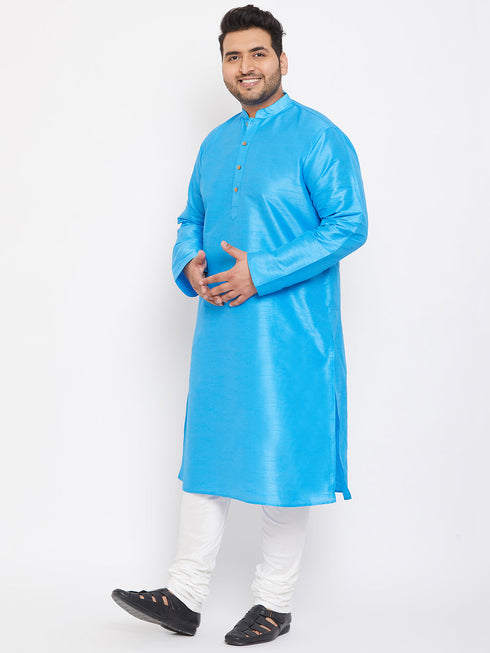 Vastramay Men's Plus Size Aqua Blue Silk Blend Kurta Pyjama Set
